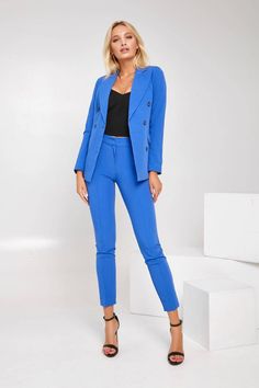 2-piece womens blazer trouser suit for office, business meetings, formal events and special occasions. Also perfectly combines with sneakers so after a long and tiring business day you can change you heels to sneakers and still look chic. DETAILS - slim fit pants - with crease - high rise - blazer is buttoned - lined - front pockets - slim fit MATERIAL Premium quality suiting fabric SIZES The models in photos are wearing a size S Available in 4 sizes: XS= 0-4 US numeric BUST 32-34 inches or 82-8 Blue Office Lady Blazer For Work, Professional Blue Pantsuit For Business, Blue Notch Lapel Set For Work, Blue Notch Lapel Set For Workwear, Tailored Blue Office Sets, Formal Blue Office Lady Blazer, Blue Formal Office Lady Blazer, Blue Formal Office Blazer, Blue Formal Professional Blazer