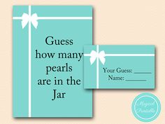 two cards with bows on them and the words guess how many pearls are in the jar