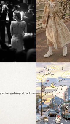 two pictures one with a woman in a dress and the other has an image of people walking