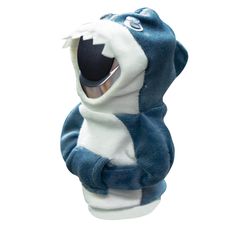 a blue and white stuffed animal with it's mouth open in front of a white background