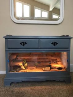 a fish tank in front of a mirror on the wall next to a dresser with rocks