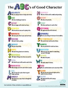 the abc's of good character poster with colorful letters and numbers on white paper