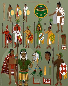 an image of native american men and women in their traditional clothing with spears, arrows, shields, and masks