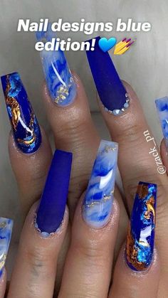 Nail Designs Blue And Silver, Nail Designs Blue, Acrylic Nails Blue, Blue And Silver Nails, Beach Nail, Gold Acrylic Nails, Nails Art Designs, Art Designs Ideas