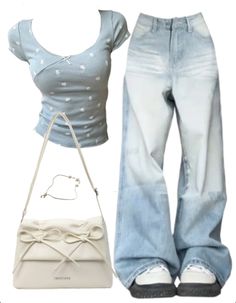 OOTD: Short Sleeve Tee + Boyfriend Jeans + Aesthetic Leather Shoulder Bag Back To Outfits School, Boyfriend Jeans Aesthetic, Cute Outfits Aesthetic Soft, Trendy Outfits Y2k, Girly Outfits Aesthetic, School Appropriate Outfits, Short Sleeve Outfits, Dress Code Outfits, Vsco Outfit