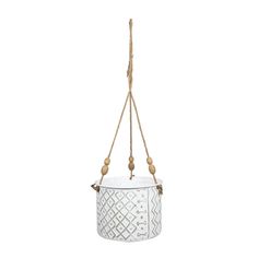 a hanging glass bucket with rope and wooden bead handles on an isolated white background