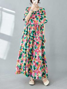 Half Sleeves Loose Pleated Polka-Dot Printed Split-Joint Round-Neck Midi Dresses COLORFUL-One_size Leisure Fashion, Weather Wear, Vintage Inspired Design, Fashion Seasons, Polka Dot Print, Dot Print, Midi Dresses, Cotton Style, Shoulder Sleeve