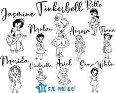 an image of the disney princesses with their names in black and white on a white background