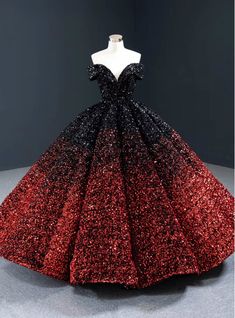 The pulsing combination of rich red and black color contrasting with beautiful sequins decoration makes it a novel and timeless silhouette. Enticing deep off the shoulder neckline with beautiful sleeveless and deep back style would make you look seductive and more appealing. Sparkly Ball Gown, Silver Wedding Dress, Off Shoulder Ball Gown, Robes D'occasion, Princess Prom Dresses, European Dress, Red Ball, Wedding Dress Fabrics, Luxury Wedding Dress