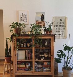 a wooden cabinet with plants and books on it