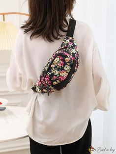 BirdinBag - Womens Floral Print Waist Bag with Multiple Pockets and Compartments Summer Black Bag With Pockets, Summer School Pouch Bag, Casual Portable Pouch, Casual Travel Pouch For Spring, Trendy Multicolor Bags With Pockets, Trendy Multicolor Belt Bag, Casual Black Belt Bag For Summer, Multicolor Summer Bags With Pockets, Bum Bag