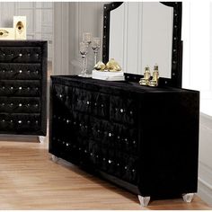 Alzire Dresser & Mirror in Black. Comforting cushioned velvet-like fabric encompasses this Alzire dresser  & mirror set. It features  glimmering acrylic button tufts and six storage drawers. Transforming Furniture, Black Dressers, Bedroom Sets Queen, Ornate Furniture, Elegant Bedroom, Bedroom Furniture Dresser, Chic Bedroom, Dressers And Chests, Furniture Of America