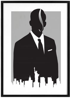 a black and white photo of a man in a suit with the city skyline behind him