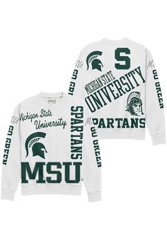 Make your way to the big game in this Michigan State SpartansWomens White Kelsey Crew Sweatshirt! This Spartans Long Sleeve Sweatshirt features a screen print team name and logos repeated all over garment. Stay warm and comfortable with this Womens MSU Spartans Crew Sweatshirt. Msu Spartans, Minnesota United Fc, Gameday Couture, New York City Fc, Nba Hats, Sporting Kansas City, Michigan State University, Michigan State Spartans, Sweatshirt White