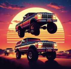 two monster trucks are flying through the air in front of an orange and purple sunset