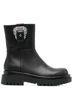 black decorative buckle detail round toe side zip fastening ankle-length ridged rubber sole mid heel Chelsea Boots Men Outfit, Boots Men Outfit, Designer Ankle Boots, Low Heel Boots, Versace Shoes, Couture Shoes, Buckle Ankle Boots, Chelsea Boots Men, Black Heel Boots