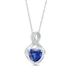 Gift her a charming and elegant symbol of your love with this heart-shaped blue lab-created sapphire and diamond accent pendant. Crafted in cool 10K white gold This look glistens with a 7.0mm heart-shaped bright blue lab-created sapphire. A diamond-accented ribbon loops around the center stone and artfully forms the twist bail above. Blue sapphire is the traditional birthstone for September and symbolizes truth, sincerity and commitment. The pendant suspends along an 18.0-inch rope chain that se Sapphire Heart Cut Birthstone Jewelry, Heart Cut Sapphire Birthstone Jewelry, Sapphire Heart Pendant Jewelry For Anniversary, Heart-shaped Sapphire Birthstone Jewelry, Sapphire Heart Pendant Birthstone Jewelry, Formal Sapphire Heart Pendant Jewelry, Fine Jewelry Sapphire Heart Pendant, White Gold Sapphire Jewelry For Valentine's Day, Heart Cut Sapphire Jewelry With Diamond Accents