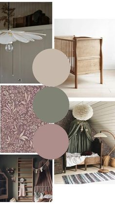 a collage of photos with different colors and furniture in it, including a baby crib