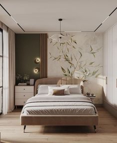 a bedroom with a large bed and wooden floors