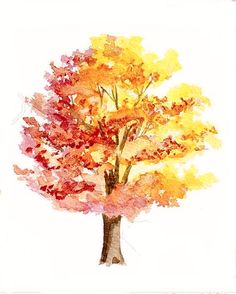 a watercolor painting of a tree with yellow and red leaves