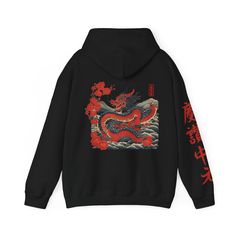 Dragon Japanese Hoodie - This unisex heavy blend hoodie boasts a bold style and ultimate comfort, perfect for those looking to make a statement while staying cozy. Ideal for anime lovers, streetwear enthusiasts, and anyone who appreciates unique and eye-catching designs. Perfect for casual wear, lounging at home, or attending comic conventions and anime events. Product features - Spacious kangaroo pouch pocket for keeping hands warm - Adjustable drawstring hood for customizable fit - Seamless de Relaxed Fit Graphic Print Hooded Hoodie, Urban Cotton Hoodie With Front And Back Print, Band Merch Hoodie For Winter Streetwear, Graphic Print Hoodie Sweats For Winter, Winter Streetwear Band Merch Hoodie, Winter Hoodie For Streetwear, Winter Band Merch Hoodie For Streetwear, Winter Hoodie Sweats For Streetwear, Oversized Hooded Hoodie With Back Print