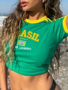 Brazil Crop Top, Brazil T Shirt, Brazilian Flag, Crop Top Dress, Cut Top, Y2k Top, Letter Embroidery, Aesthetic Women, Cute Fit