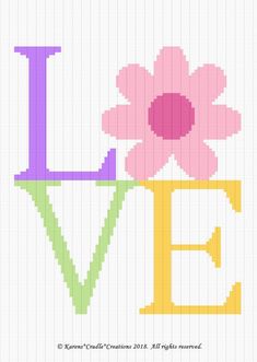 a cross stitch pattern with the word love and a flower on it's side