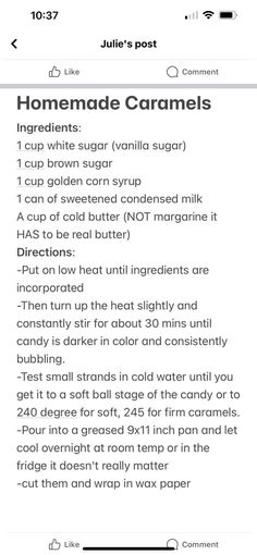 the recipe for homemade caramels on an iphone