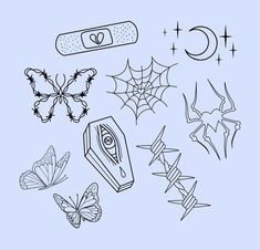 a drawing of various things that are drawn in black and white on a light blue background