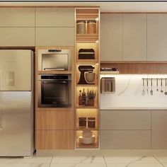 a modern kitchen with stainless steel appliances and wooden shelves on the wall, along with white tile flooring