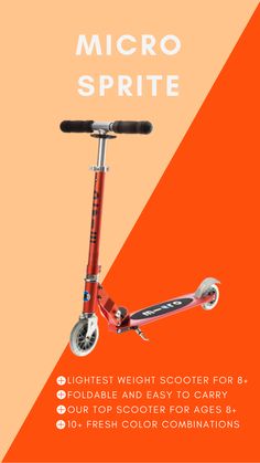 a scooter with the words micro sprite on it and an orange background