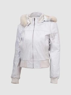 White Fur Jacket White Fur Jacket, White Winter Jacket, White Jackets, Fur Leather Jacket, Custom Jacket, Fit Ideas, White Fur, Ykk Zipper, Fur Hood