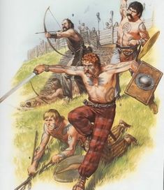 an image of men with spears and arrows in their hands, one man is aiming at the other