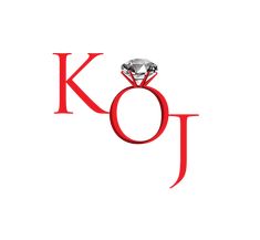 a diamond ring with the letter k oj written in red and white lettering on a white background