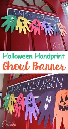 halloween handprint ghost banner hanging on the front door with text overlay that says happy halloween