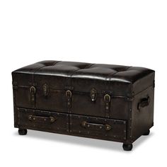 an old trunk is sitting on wheels and has two drawers, one with three doors