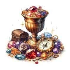 there is a gold bowl with jewels and a clock on it, surrounded by other items