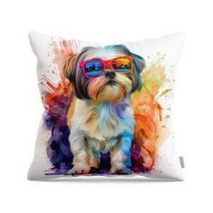 a pillow with a dog wearing sunglasses on it