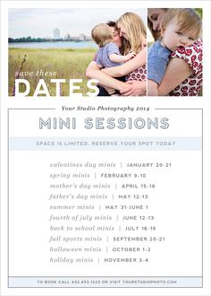 a flyer for a mini session with two photos on it and the date is shown