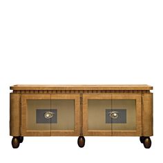 a wooden cabinet with two glass doors and wheels on the bottom, in front of a white background