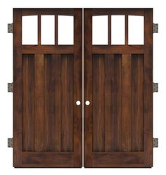 two wooden doors with bars on the top and bottom, both in dark brown wood