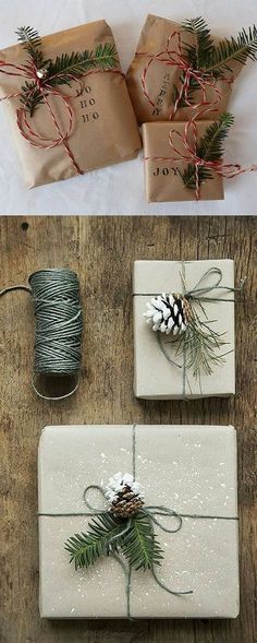 presents wrapped in white paper and tied with twine, pineconis and evergreen needles