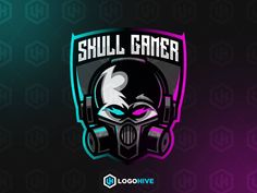 the skull gamer logo with headphones on it's face is shown in purple and blue