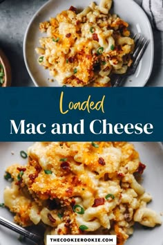 loaded macaroni and cheese on a white plate with a blue border overlay