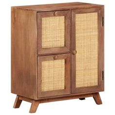 a wooden cabinet with two wicker doors and one door on the bottom, in front of a white background