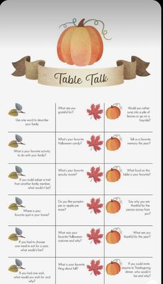 a table with autumn leaves and pumpkins on it, including the names of each place