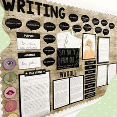 a bulletin board with different types of writing on it