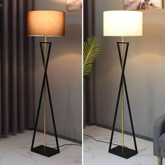 two pictures of a floor lamp in the living room