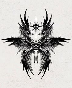 an artistic tattoo design with wings and eye