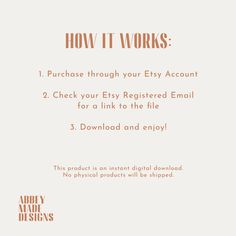 how it works 1 purchase through your etsy account 2 check your efss register email for a link to the file 3